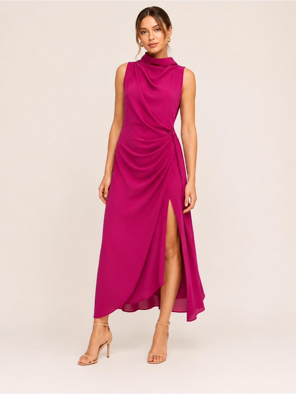 NWT MISHA Robbia Fuchsia Draped High Neck Midi Dress Size M